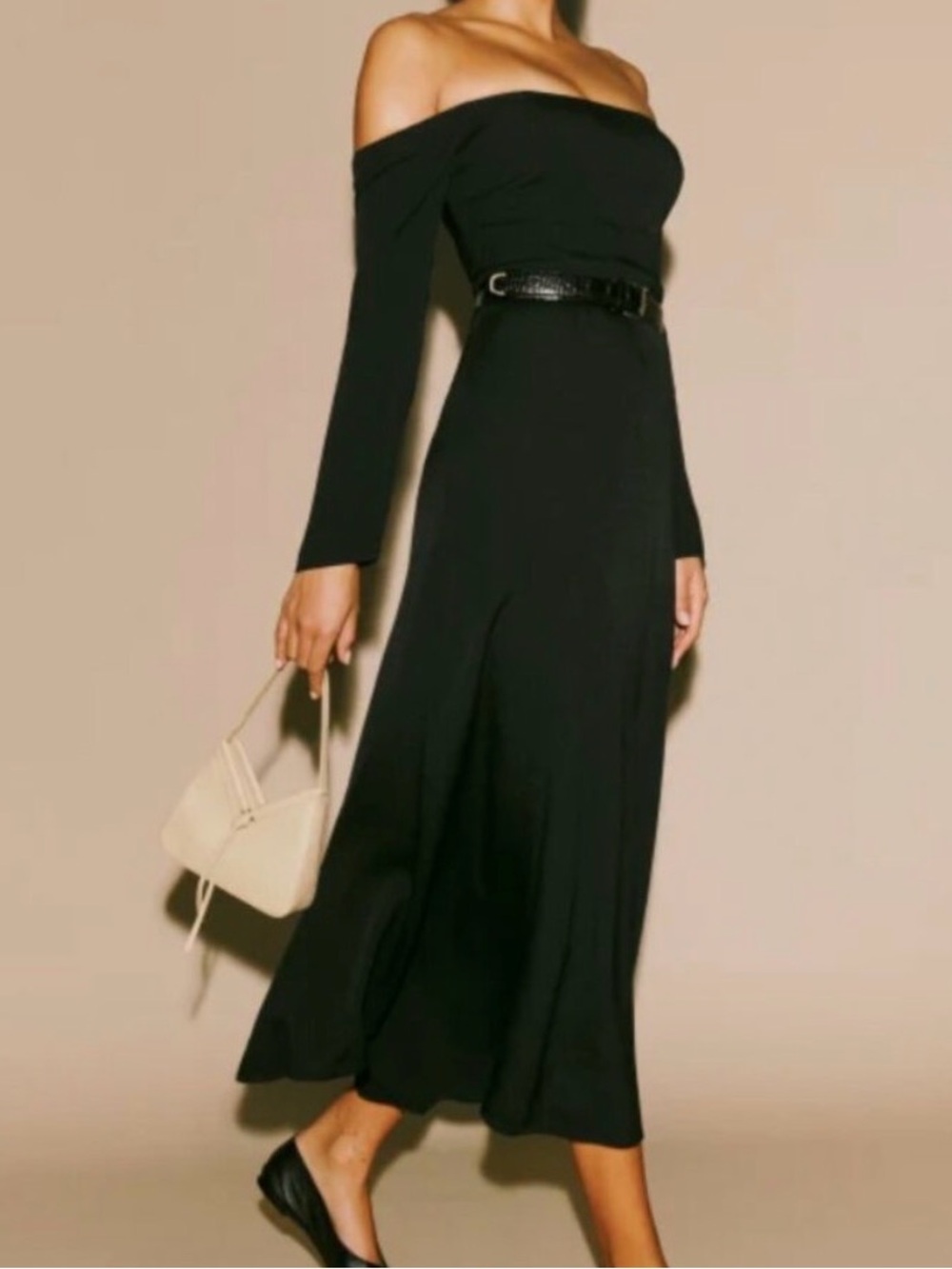 Reformation NWT Bellari Off‎ Shoulder Crepe Black Midi Dress Size 10